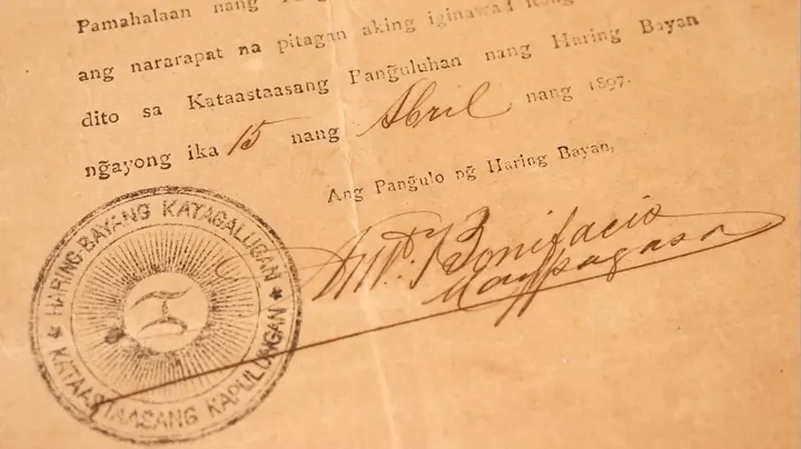 Bonifacio decree, 1897, bearing the Haring Bayang Katagalugan seal.
