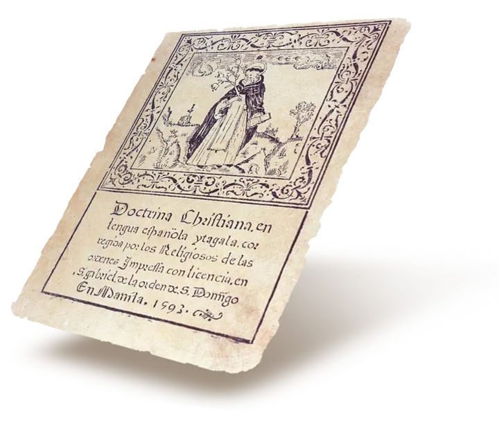 Doctrina Christiana, 1593. Title page of the first book printed in the Philippines.