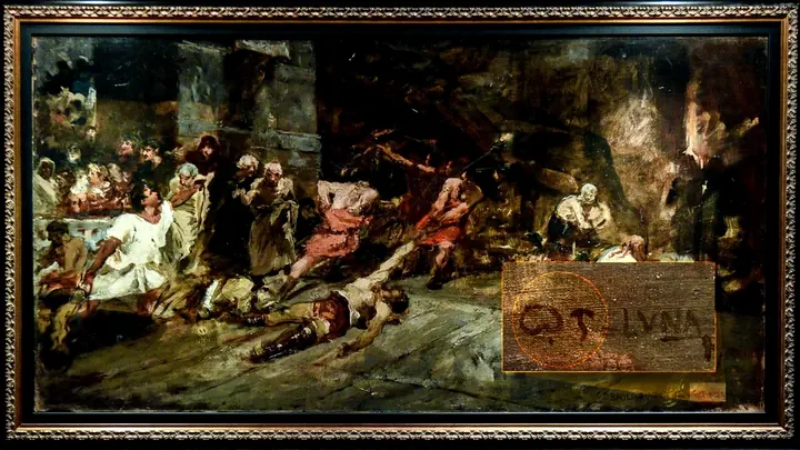 Juan Luna, Spoliarium, 1884, with the Baybayin monogram detail.