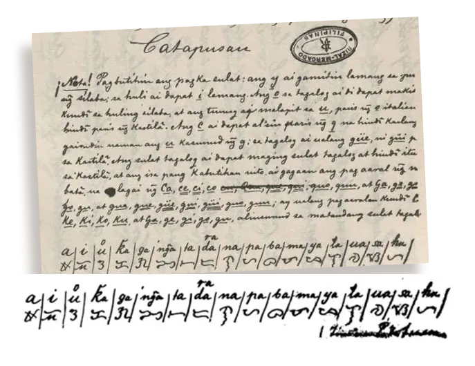 The last page of José Rizal's Tagalog translation of Wilhelm Tell, headed Catapusan, with a handwritten Baybayin syllabary beneath the note.